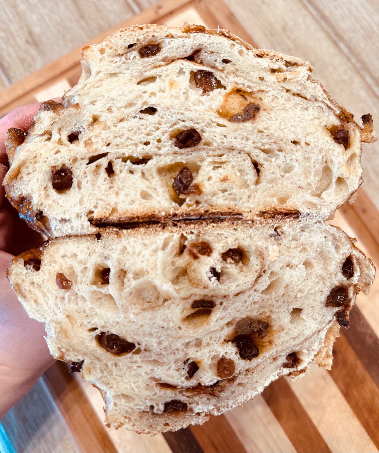 Cinnamon Raisin Sourdough loaf with brown sugar cinnamon swirl