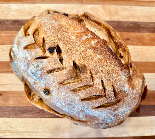 Cinnamon Raisin Sourdough loaf with brown sugar cinnamon swirl